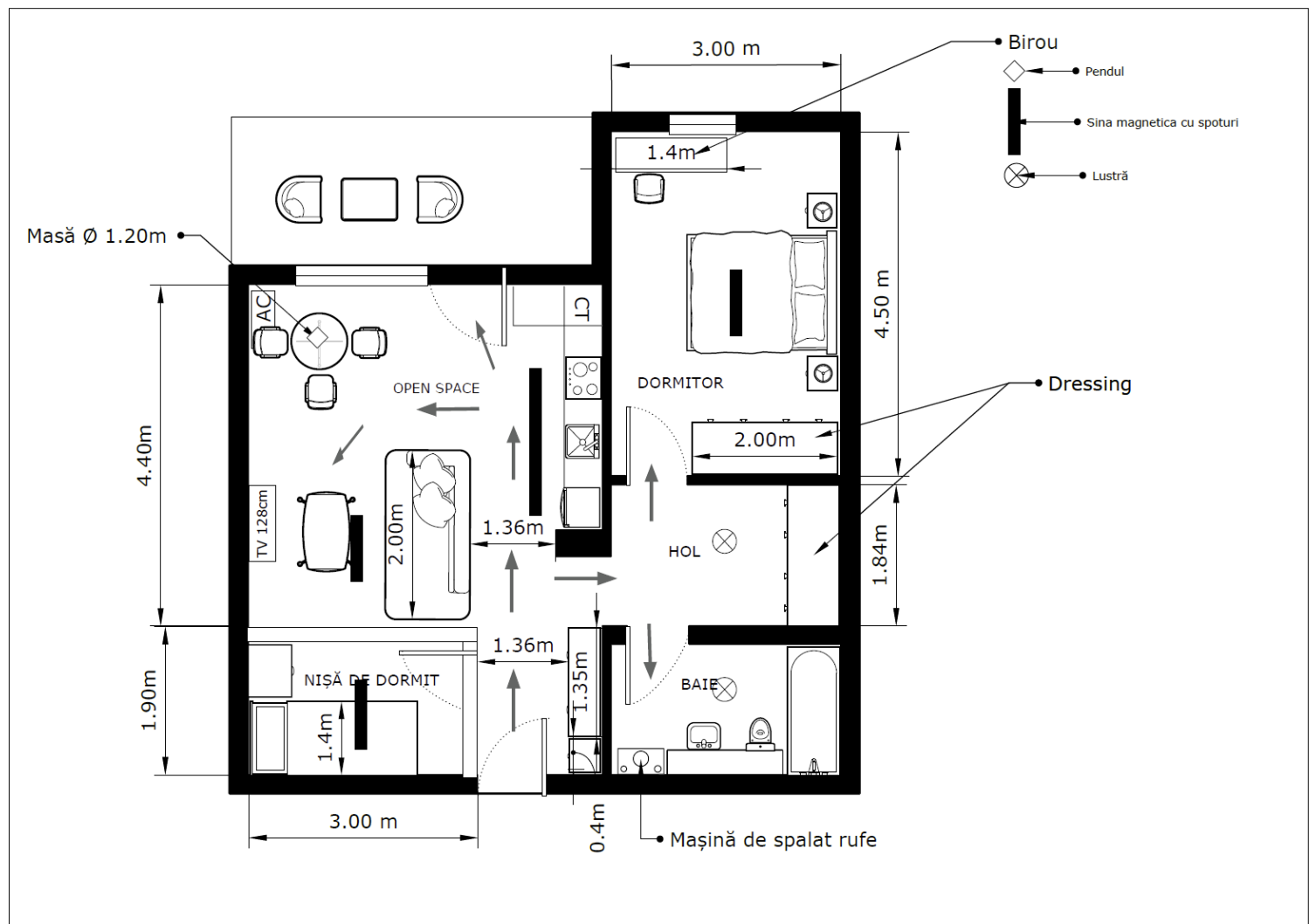 Plan mobilare — Apartament cu open space și nișă de dormit